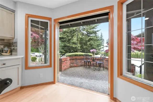 The French doors in the kitchen lead directly to the front patio. This spot is ideal for an early morning coffee or a quick snack at lunchtime.