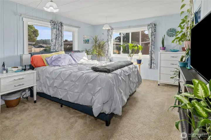 The Primary bedroom, very spacious with new flooring, paint, light fixtures and windows. Open and light with views out to your back yard area.