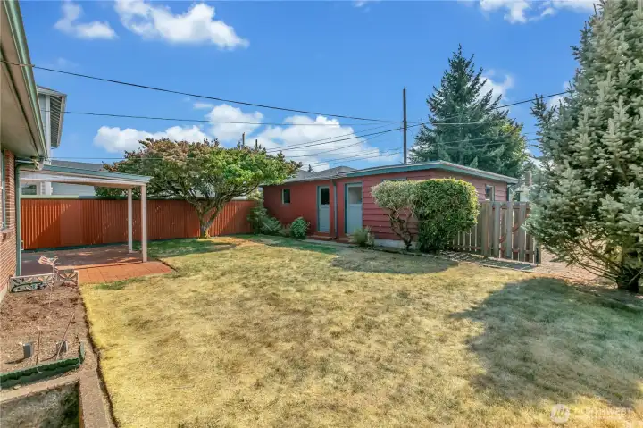 Backyard View _ Detached Two Car Garage & Shop