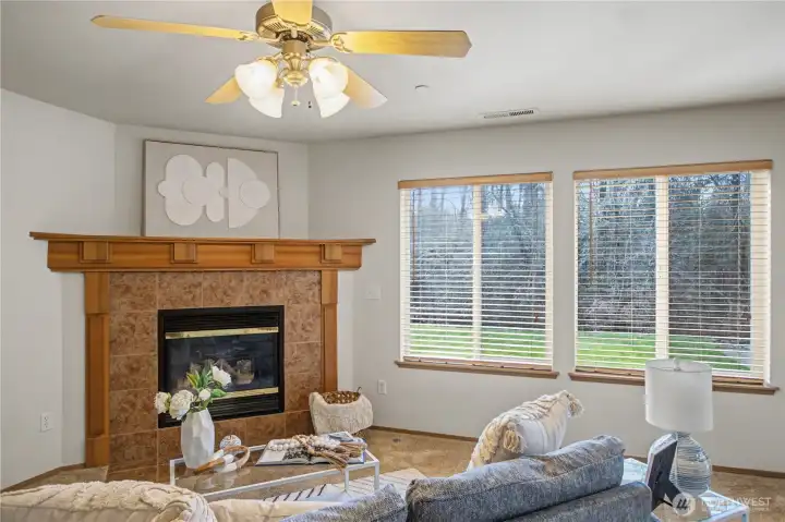 Gas fireplace provides a cozy ambiance and  an added source of heat.