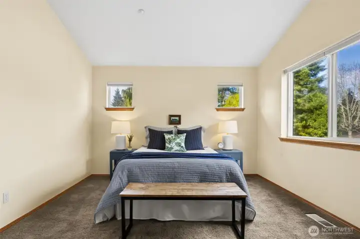 Primary suite with soaring vaulted ceilings and view to backyard