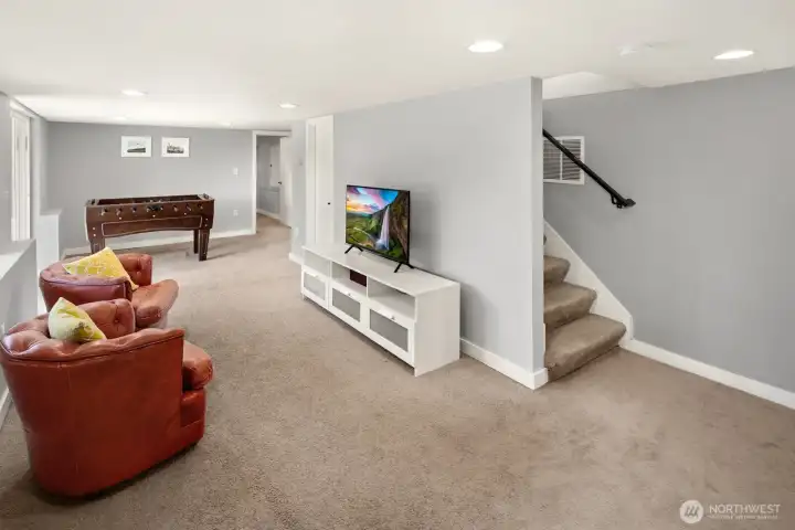 Downstairs the rec room offers a place to veg-out, watch TV, read a book, or play with legos!