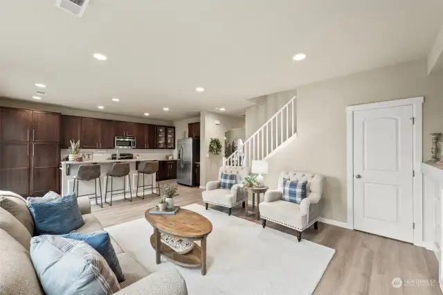 Spacious living room that opens to the kitchen