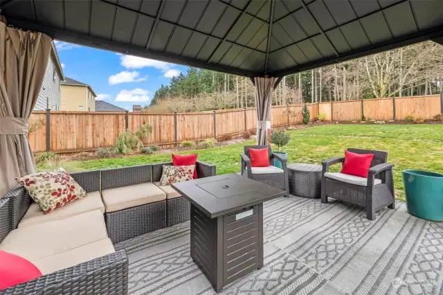 Custom gazebo that conveys! With curtains and outdoor rugs. Ask about the outdoor furniture.