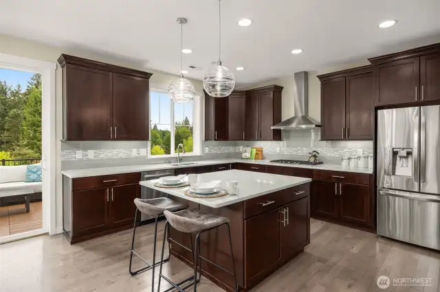 Chef's kitchen with gas range, under cabinet lighting and designer light fixtures