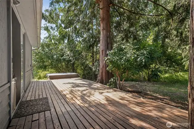 Large back deck overlooking the peaceful backyard. Hot tub!!