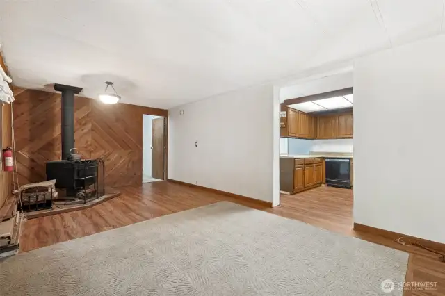 Family room with wood stove