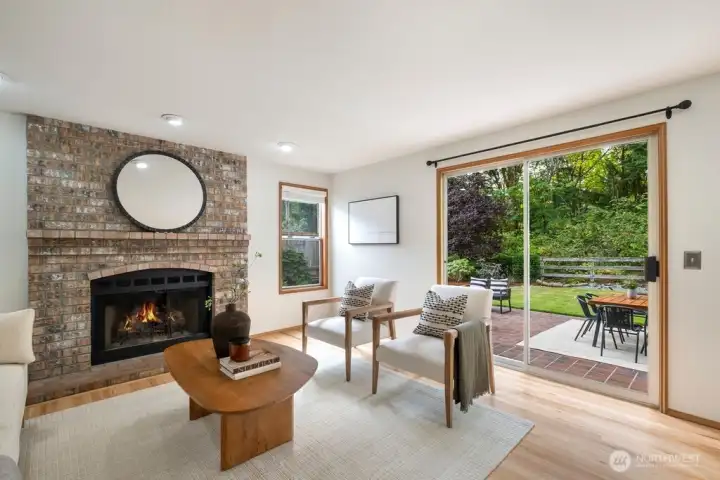 Large family room with wood burning fireplace