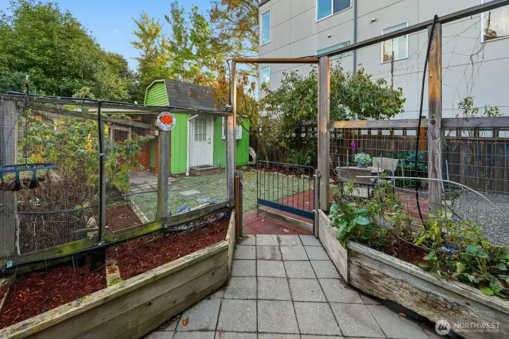 Relax in a generous backyard filled with blooming flowers and fruitful Italian plum trees.