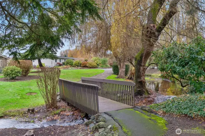 Enjoy peaceful walks alongside flowing water and lush greenery.