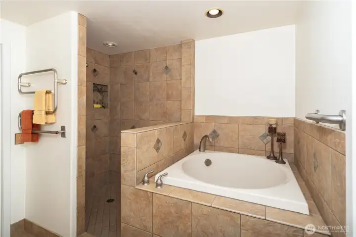 Japanese Soaking Tub, heated towel bar and Separate Shower in Primary Ensuite