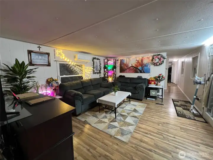 Nice-sized living area view from the kitchen.  Bedrooms and bath down the hall.