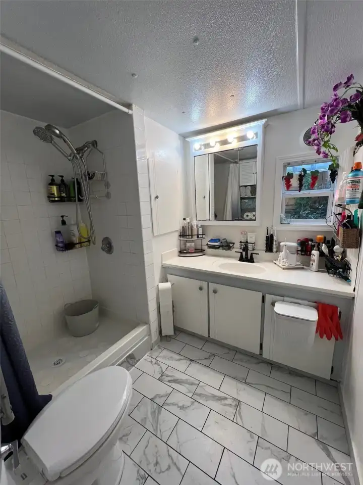 Bathroom and shower.  Tiled floors as well.