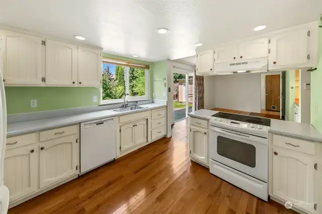 Kitchen with updated appliances and a Bosch dishwasher.