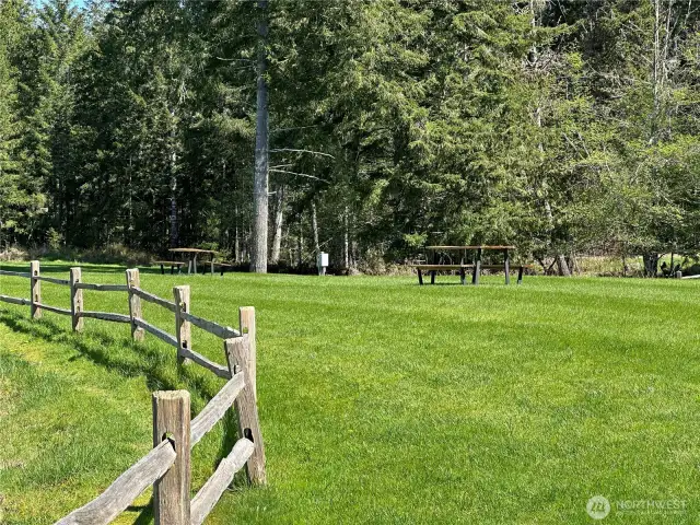 Picnic tables for using that overlook the Olympic Mountains and the Hood Canal.