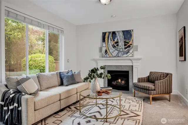 Cozy family room with gas fireplace.