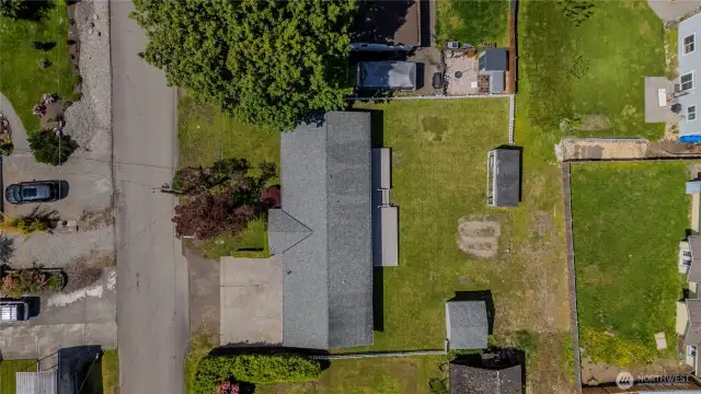 Property line is approximately at back of green house. Property beyond is alley access that ends behind property.