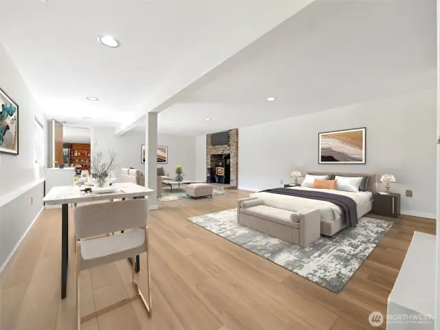 Virtually Staged - Lower Level Flex Space w/ Powder Room and Woodstove - could be a Studio Apartment, a Rec Room, an Office, etc