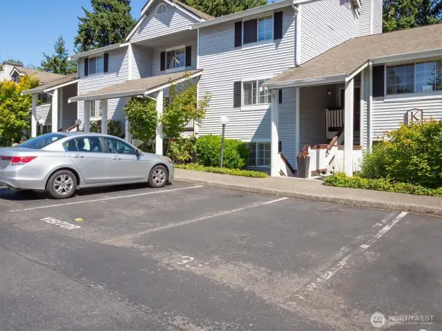 One of the two reserved parking spots is located right in front of the unit.  There is also a visitor spot for your guests.