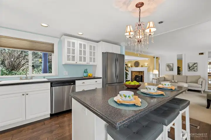 Kitchen island with eating space.