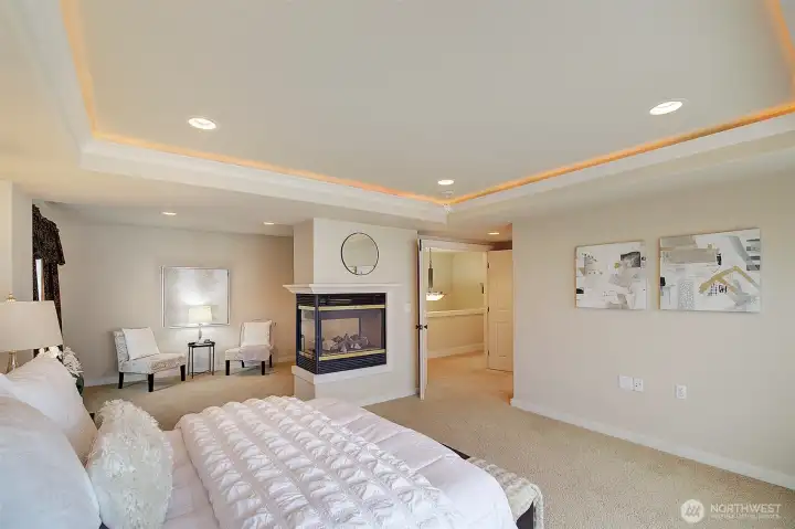 Spacious primary bedroom featuring a cozy fireplace and private sitting area—your perfect retreat.