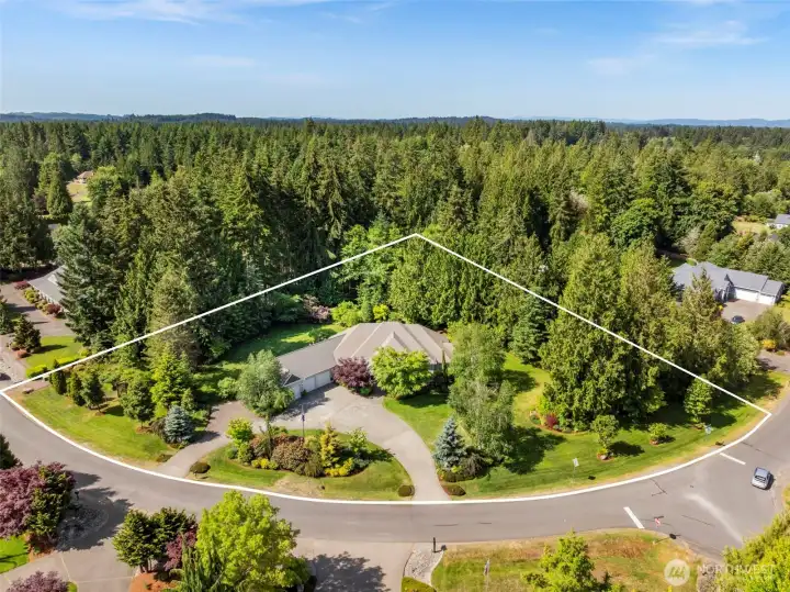 This photo shows the generous 1.21 Acre, pie shaped lot.