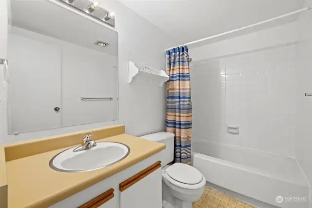 The hall bath has good counter space and storage.