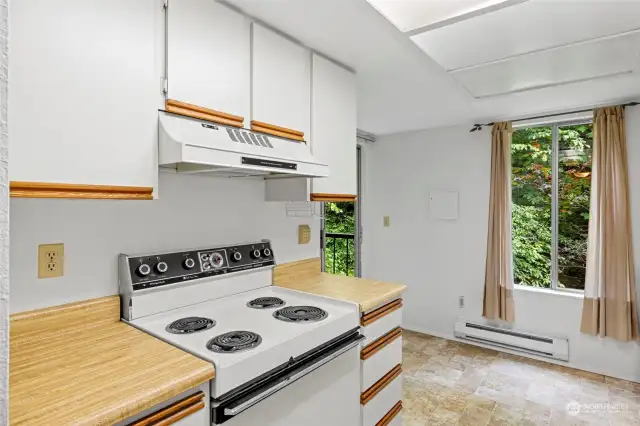The kitchen has a window looking out to the greenery, in addition to the sliding door.