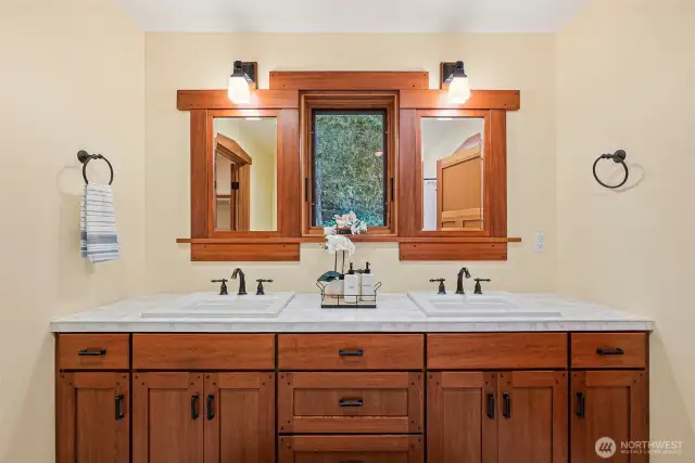 Custom cabinets and trim in primary bathroom