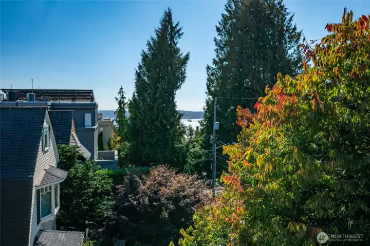 From the view deck facing south. On a clear day you can see part of Elliott Bay, a ferry or two, the top of the Space Needle (perfect for upcoming NYE fireworks) and to the east you have great territorial views of Capitol Hill, the Cascade Mountains and the city!