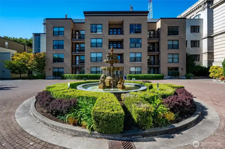 View of the South Fountain Circular Driveway and Annex Building which was constructed in the 1920's. The Industrial Arts Building is connected to the left.
