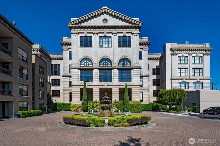 The South Fountain Courtyard Entrance of the Queen Anne High School Condominium-a Seattle classic.