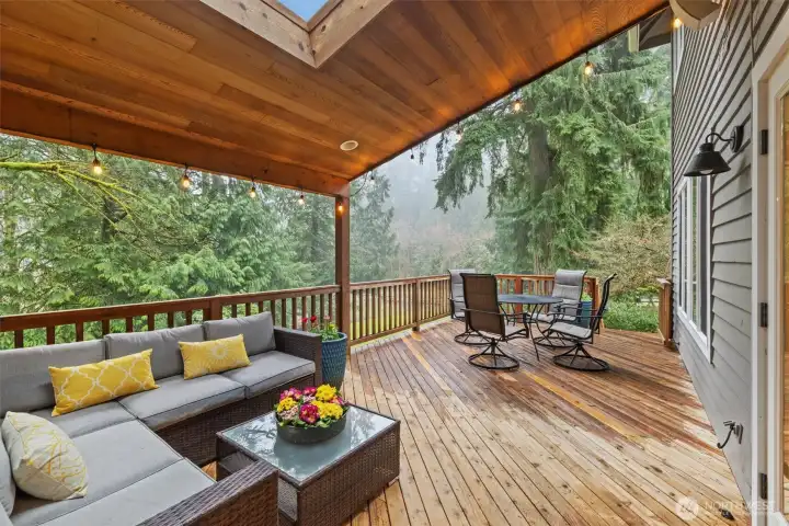 Fantastic covered back deck for year-round entertaining.  Notice the skylights!