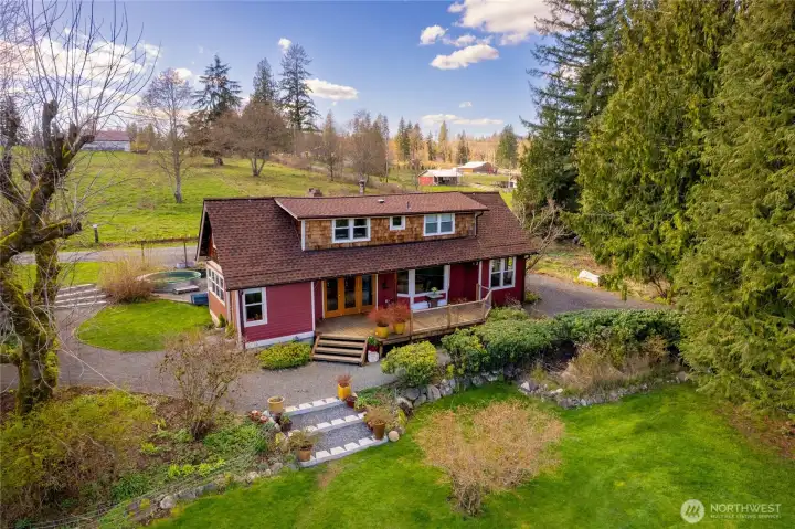 Blueberries, flowering plum trees, cherry trees, apple trees, fig trees, & Asian pear trees.