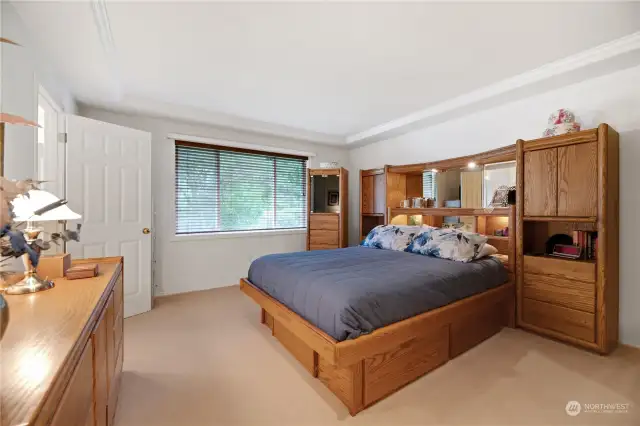 Primary suite with coffered ceiling, walk-in closet and 5 piece bathroom.