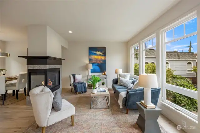 Gorgeous living room with gas fireplace for cozy living, warmth and ambience.