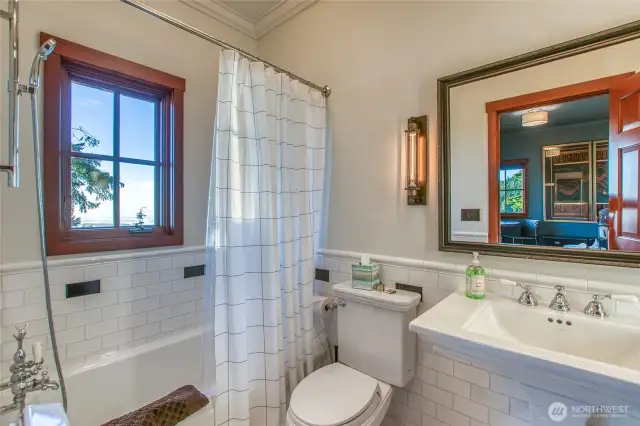The Blue Cottage full bath: Kohler tub and sink, Toto toilet tank, and yes... a view!