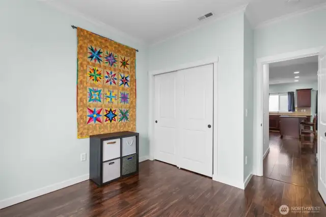 Another view of the first guest bedroom showing the double door closet.