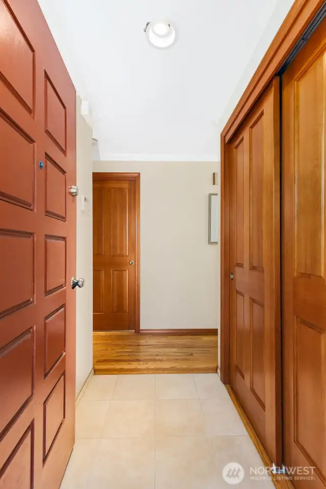 Large entry closet, head to the left for bedrooms, turn right towards the family room, dining, kitchen