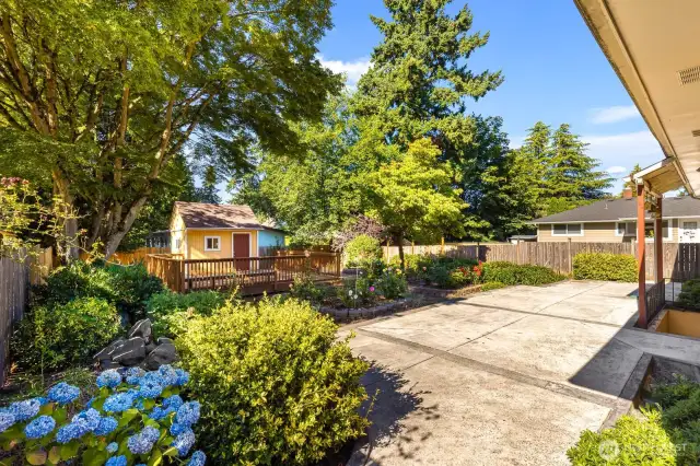 Backyard space with large concrete deck, perfect for entertaining