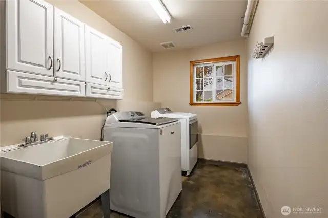 Huge utility room w/sink, concrete floor (even more space behind pic!)