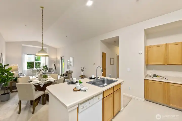 Kitchen overlooks the living room so the cook can be a part of all the action.
