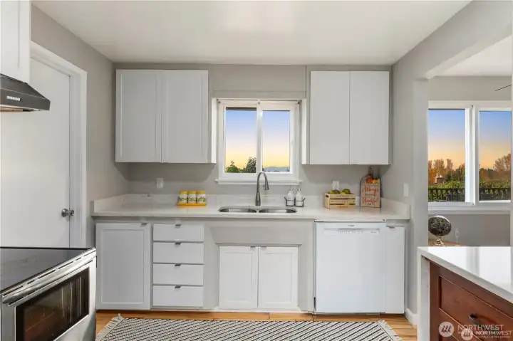 Kitchen overlook the backyard and Puget Sound