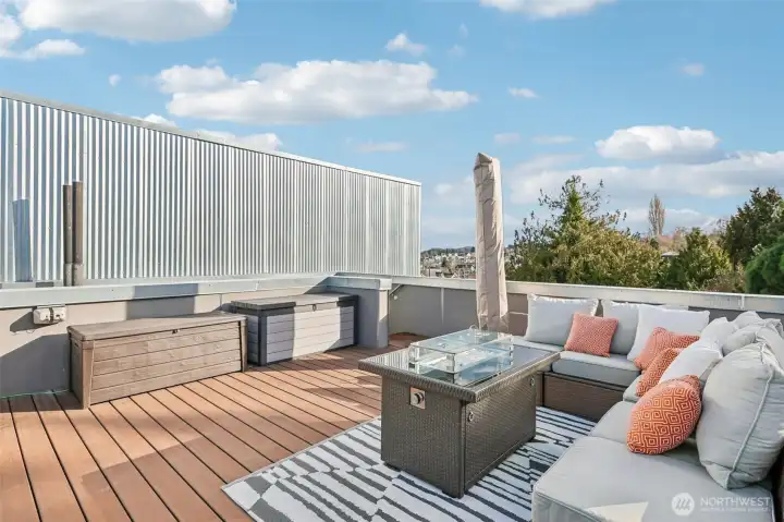 On a clear day, you can see Mt. Rainier from the South view of the rooftop deck.