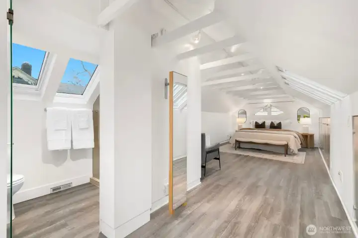 Spacious primary with custom built in storage and ensuite bathroom