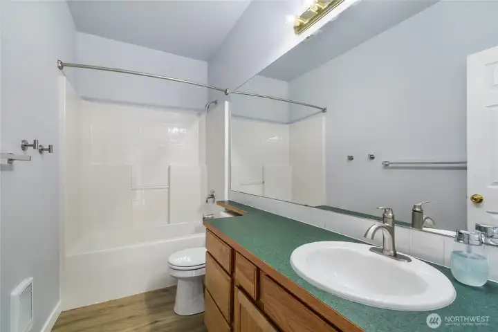 The main bathroom has good counterspace..