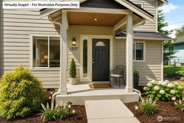 This inviting space features a spacious porch perfect for seasonal displays or cozy seating. AI shows an example of how inviting it COULD be with a few upgrades!