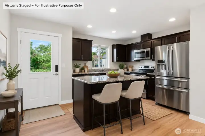 Kitchen Island with breakfast bar and granite counters, solid wood cabinets and stainless steel appliances
