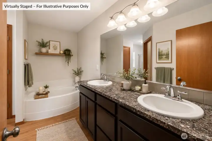 Dual vanity, large soaking tub, a linen closet, and walk-in-closet is the beginning of the primary ensuite.