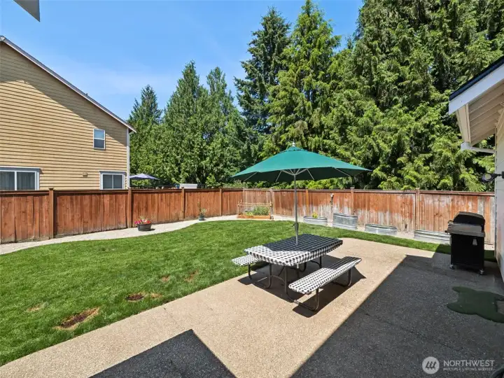 Fully-fenced Backyard with patio, garden area, and room for activities!